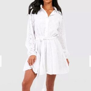 Boohoo Broderie White Skater Shirt Dress